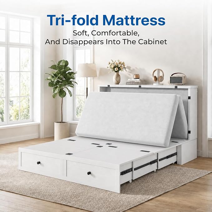 Mjkone 63" W Queen Size Murphy Bed Cabinet with Mattress & USB Charging Station, Modern Guest Beds Chest Cabinet Bed with Storage Drawer for Bedroom Home Apartment, White
