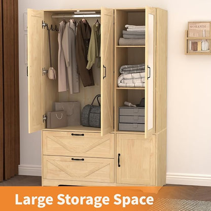 Armoire Wardrobe Closet with 3 Door, Bedroom Armoire with Mirror, LED Light, Hanging Rod, Drawers,Adjustable Shelves,Large Capacity Closet for Bedroom,47.2L,Natural