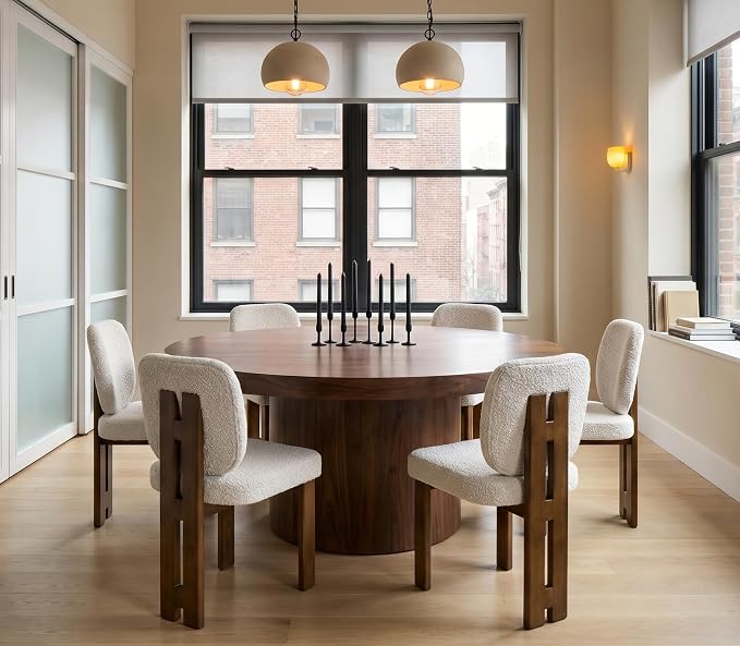 CIMOTA Modern Boucle Dining Chairs Set of 6, Upholstered Armless Side Chairs with Ergonomic Curved Back/Walnut Wood Legs, Mid-Century Accent Chairs for Kitchen or Dining Room, Beige