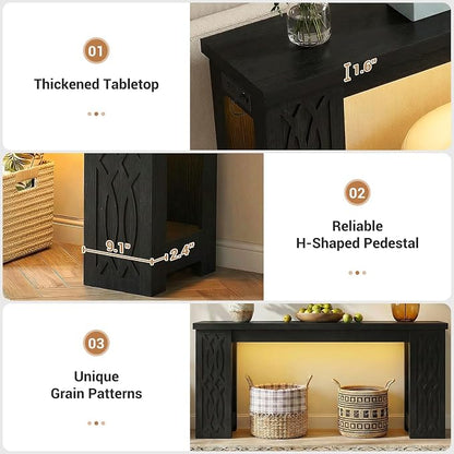 Cyclysio 63" Console Table with Outlet, Farmhouse Entryway Table with Colorful LED Lights, Wooden Sofa Table with Unique Carved Design, Foyer Accent Table for Entrance, Hallway, Living Room