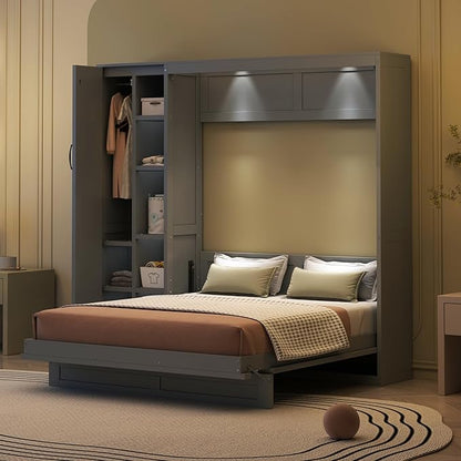 Merax Full Size Murphy Bed Wall Bed with Shelves, Drawers and LED Lights,Gray