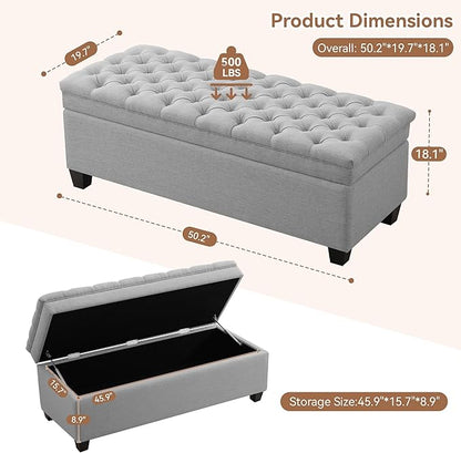 WUTUTUEE 51" Fabric Storage Ottoman Bench, Upholstered Rectangle End of Bed Storage Ottoman Tufted Living Room Bedroom Bench with Safety Hinge, Solid Wood Legs, Loads 500 lb(Light Grey)
