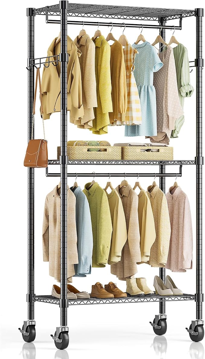 Simple Deluxe Rolling Clothes Rack, Heavy Duty Clothing Rack, 3-Shelf Portable Adjustable Wardrobe Closet with Wheels, Hanging Rods & Side Hooks, 29.5" W x 15.7" D x 75.6" H, Black