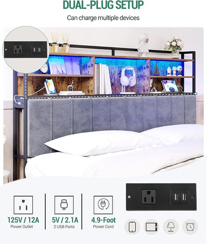 Hzuaneri Headboard with 3-Tier Storage Shelves, Velvet Upholstered Head Board with 2 Outlets, USB Ports & LED Light, Soft Backrest for King Size Bed Rustic Brown and Black BH19401B