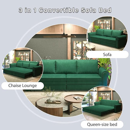 93.7" King Pull Out Sofa Bed, Velvet Sleeper Sofa Couch, 3 in 1 Convertible Futon Couches for Living Room, Small Space, Apartment, Office, Bedroom, Modern Rivet Armrest, Green