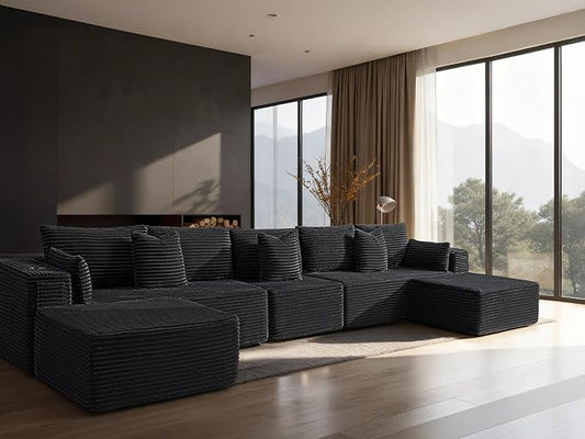 168" Cloud Sectional Couch, Comfort U Shaped Sofa for Living Room, Extra Deep Seats No Assembly, Minimalist Modular Couch, Corduroy (Black, 7 Seats,U-Shape A)