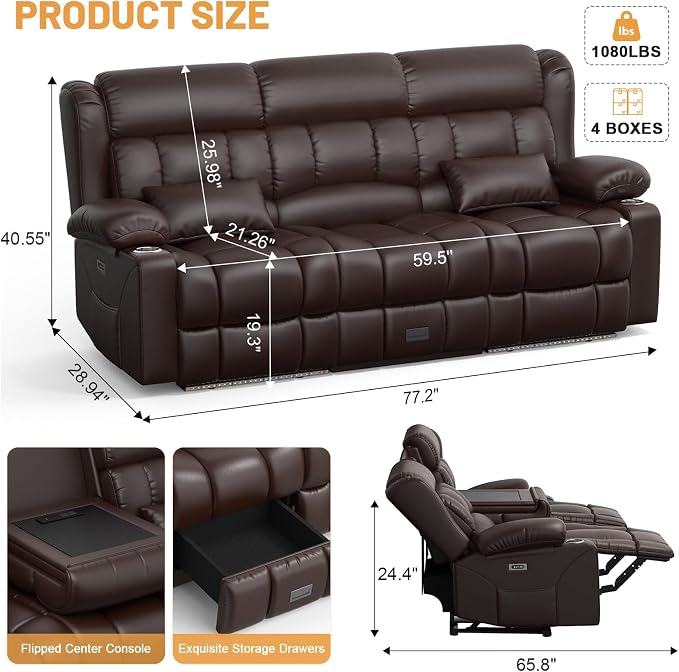 Dresegmt Power Loveseat Recliner Sofa, Zero Wall Hugger RV Reclining Loveseat Couch with Flip Middle Backrest Design, 3 Seat Reclining Sofa with Storage Drawer, Power Recliner for Living Room (Brown)