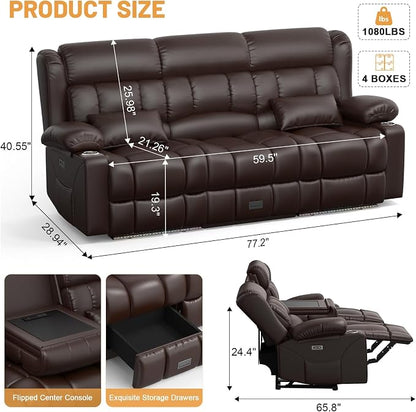 Dresegmt Power Loveseat Recliner Sofa, Zero Wall Hugger RV Reclining Loveseat Couch with Flip Middle Backrest Design, 3 Seat Reclining Sofa with Storage Drawer, Power Recliner for Living Room (Brown)