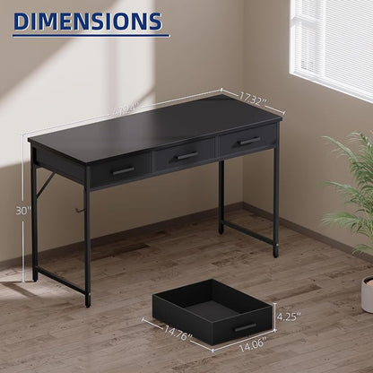 Pamray 47 Inch Small Computer Desk with 3 Drawers for Bedroom Study Writing Home Office Table for Small Spaces Black