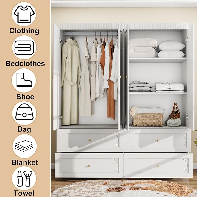 Armoire Wardrobe Closet with Drawers: 74 Inch Tall 4 Door Armoire Wardrobe Closet with 4 Drawers, Wood Modern Wardrobes Cabinet for Bedroom (White)