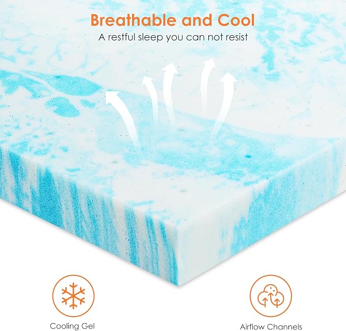 Sweetcrispy Mattress Topper King, 2 Inch Thick Memory Foam Gel Infused Cooling Pad for Pressure Relieve for King Size Bed, Sleeper Sofa, RV, Camper, CertiPUR US Certified, Ventilated and Breathable
