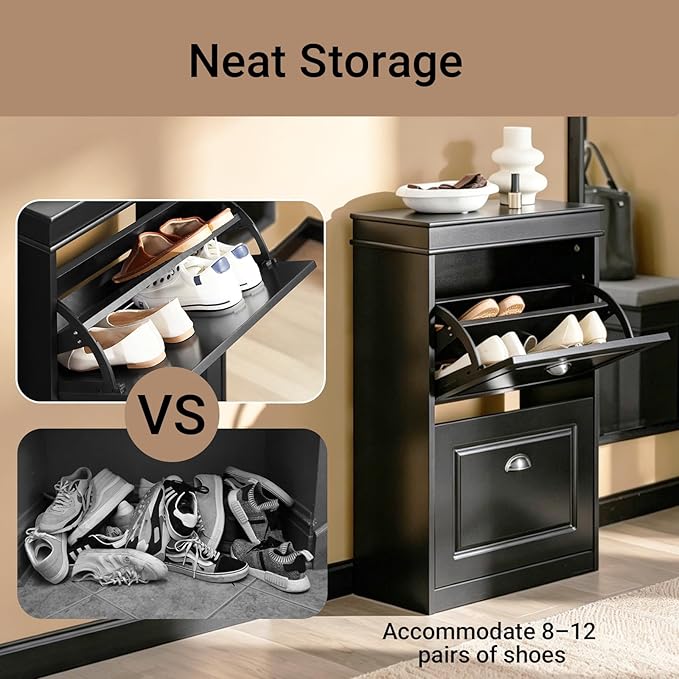 Haotian Small Shoe Cabinet, Black 2 Flip Drawers Freestanding Shoe Rack, Shoe Storage Cupboard Organizer (9.45" D x 20.87" W x 32.28" H), FSR78-SCH