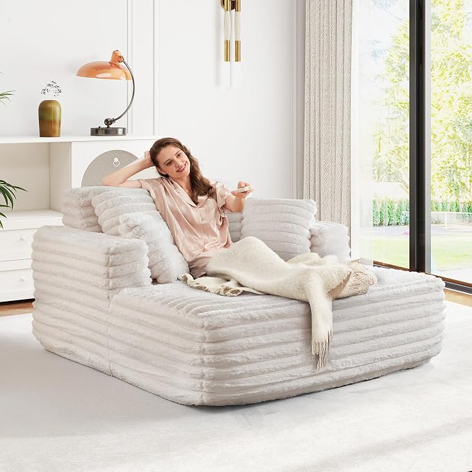 JEEOHEY 56" Oversized Chaise Lounge Chair Indoor,Plush Faux Fur Sleeper Sofa Couch Bed with Pillows&Wide Armrests,Fluffy Comfy Cloud Couch,Compression Foam Couch for Living Room,Bedroom(Beige)