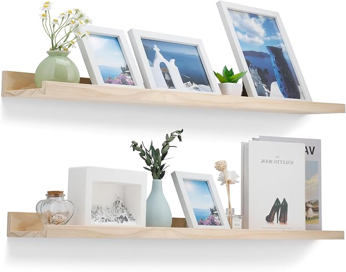 MBYD 48 Inch Natural Pine Wood Floating Shelves, 5.1 Inch Wide Picture Ledge Set of 2, Wall Mount Unfinished Can be Stained Nursery Book Shelves for Kids Bedroom Living Room Bathroom Kitchen