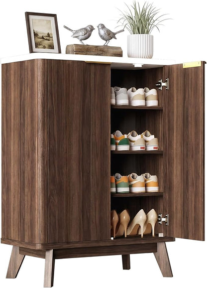 Shoe Cabinet with Doors & Adjustable Shelves, Walnut | Modern Wooden Storage Cabinet for Entryway, Mudroom And Apartment, Reducing Clutter And Dust Buildup