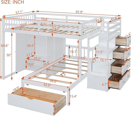Merax Full Over Twin Bunk Bed with Wardrobe and Drawers, White