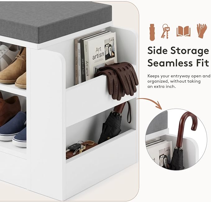 GRUSIGN 39.6" Shoe Storage Bench with Cushion, Entryway Shoe Cabinet, White | 3-in-1 Shoe Storage Bench, Adjustable Shelves, Removable Cushion, 300 lbs Capacity, Entryway, Apartment, Families