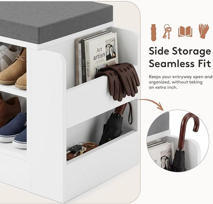 GRUSIGN 27.8" Shoe Storage Bench with Cushion, Entryway Shoe Cabinet, White | 3-in-1 Shoe Storage Bench, Adjustable Shelves, Removable Cushion, 300 lbs Capacity, Entryway, Apartment, Families