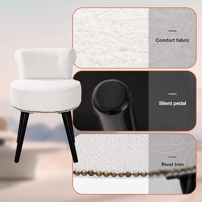 Vanity Chair with Back, Sherpa Stool with Tufted Low Backrest & Gold Nailhead Trim, Round Vanity Seat for Bedroom and Bathroom Makeup, Support 220lbs, Easy Assembly (Teddy White)