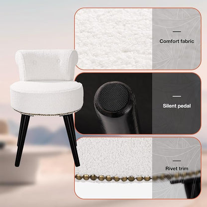 Vanity Chair with Back, Sherpa Stool with Tufted Low Backrest & Gold Nailhead Trim, Round Vanity Seat for Bedroom and Bathroom Makeup, Support 220lbs, Easy Assembly (Teddy White)