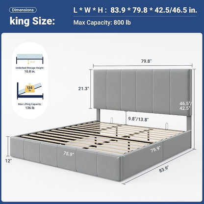 Allewie King Size Velvet Lift Up Storage Bed Frame, Vertical Channel Tufted Headboard, Hydrualic Underneath Storage, Upholstered Platform Bed, Wooden Slats Support, No Box Spring Needed, Gray