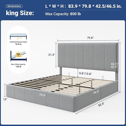 Allewie King Size Velvet Lift Up Storage Bed Frame, Vertical Channel Tufted Headboard, Hydrualic Underneath Storage, Upholstered Platform Bed, Wooden Slats Support, No Box Spring Needed, Gray