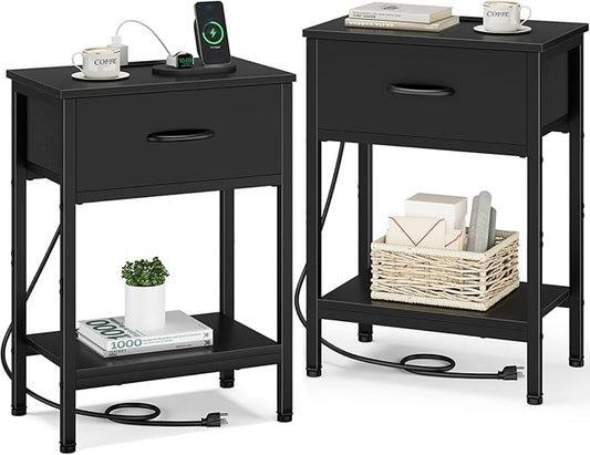 Vagusicc Nightstand Set of 2 with Charging Station, Bed Side Table with Fabric Drawer, Small End Table with 2-Tier Storage Shelves, 25.4" Tall Bedside Table, Black Night Stand for Bedroom, Living Room