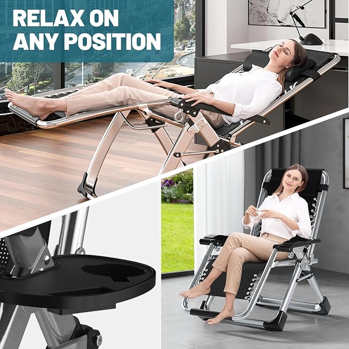 DoCred Zero Gravity Chair, Lawn Recliner, Reclining Patio Lounger Chair, Folding Portable Chaise with Detachable Soft Cushion, Cup Holder, Headrest