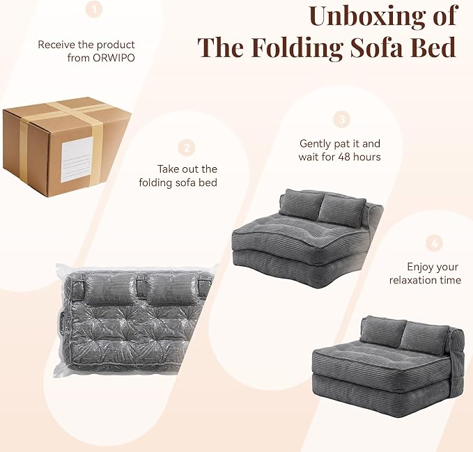 Folding Sofa Bed, Convertible Sleeper Chair with Pillow Foldable Mattress with Back Support, Portable Fold Out Chair Bed Comfy Floor Couch Lounge for Living Room Bedroom Apartment Single
