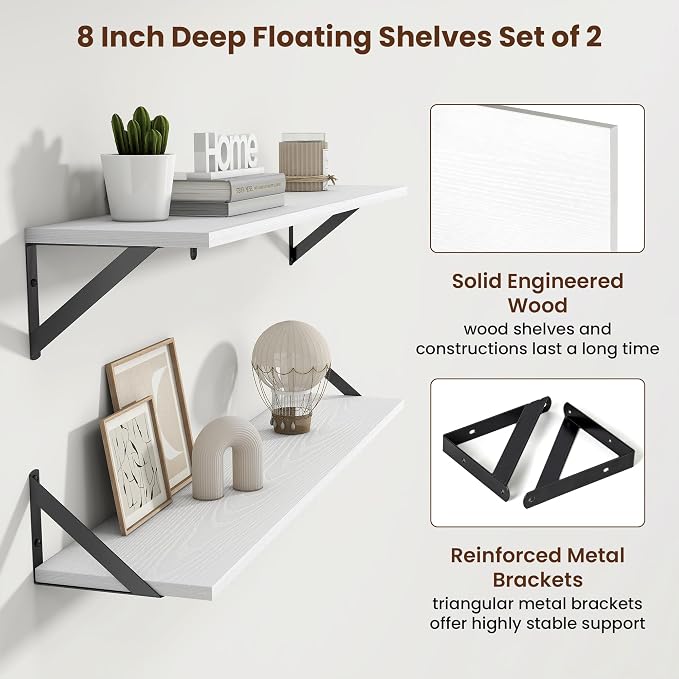 Axeman 36 Inch Floating Shelves | 8 Inch Deep White Wall Shelves Set of 2 | 36''W x 8''D Rustic White Wood Shelves for Bathroom Living Room Bedroom Kitchen