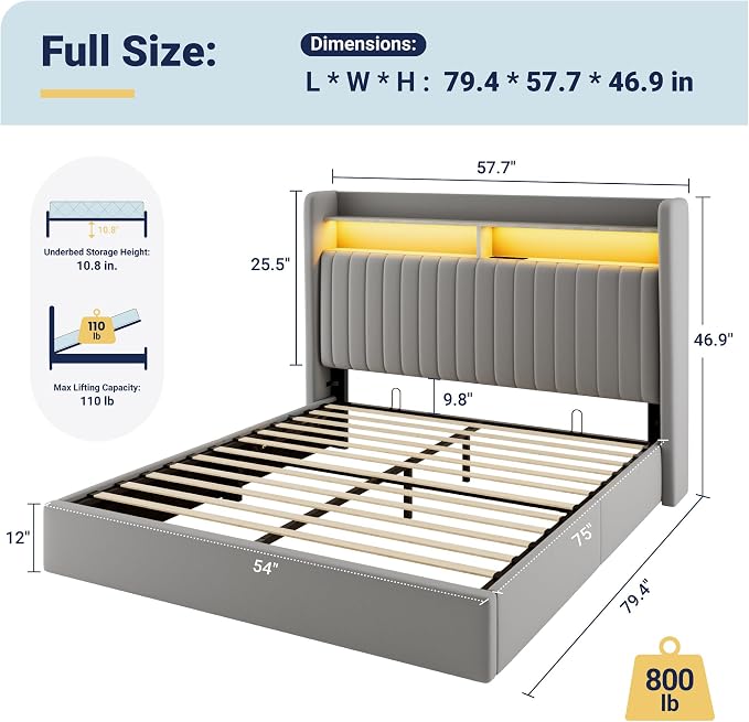 Allewie Full Size Lift Up Hydraulic Storage Bed Frame, 2-Tier Shelf Headboard with LED Lights and Charging Station, USB and Type C Ports, Wingback Velvet Headboard, No Box Spring Needed, Gray
