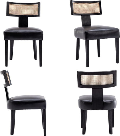 RIVOVA Rattan Dining Chairs Set of 4, Modern PU Leather Upholstered Kitchen Chairs, Wooden Dining Room Chair Farmhouse Dinner Chair, Black