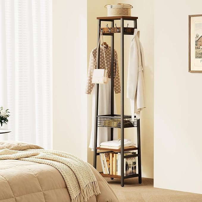 Coat Rack Freestanding, Coat Stand with Metal Basket and Storage Shelves, Hall Tree Free Standing with and 7 Hooks, Clothes Rack Stand Organizer, Rustic Brown and Black