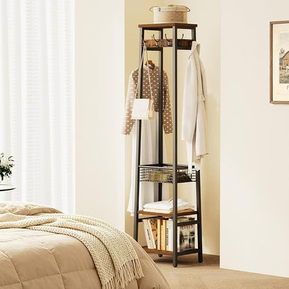 Coat Rack Freestanding, Coat Stand with Metal Basket and Storage Shelves, Hall Tree Free Standing with and 7 Hooks, Clothes Rack Stand Organizer, Rustic Brown and Black