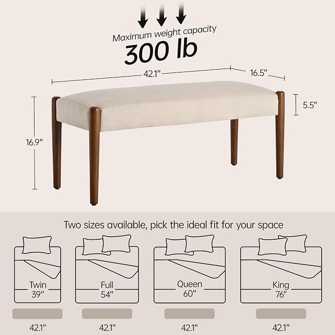 Usaint 42" End of Bed Bench, Modern Upholstered Bedroom Bench with Rubberwood Legs, Entryway Bench with Cushion, Dining Bench for Living Room, Bedroom, Beige with Walnut Leg