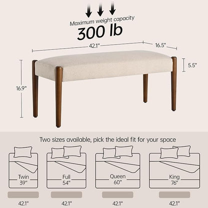 Usaint 42" End of Bed Bench, Modern Upholstered Bedroom Bench with Rubberwood Legs, Entryway Bench with Cushion, Dining Bench for Living Room, Bedroom, Beige with Walnut Leg