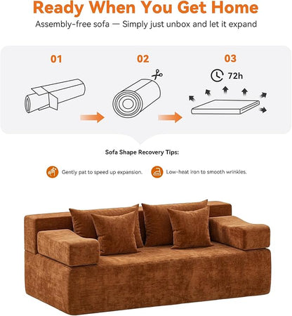 MONVANE 3-Piece Boneless Loveseat Couch Set for Living Room, Oversized Modular Sectional Sofa Set with Removable Armrests, Comfy Chenille Cloud Couch with 12 Pillows, No Assembly Required, Orange