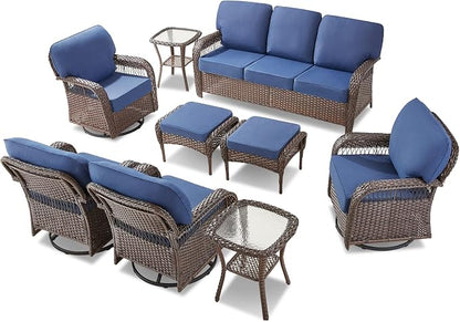 Belord Patio Wicker Swivel Rocker Patio Chairs with 3-Seater Sofa, Outdoor Rattan Chairs for Deck Porch Poolside, 9 Piece Patio Conversation Furniture Set,Blue