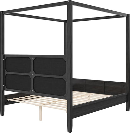Merax King Size Canopy Bed with Upholstered Headboard, Wooden Platform Bed Frame with 4-Posters, Solid Wood Slat Support, No Box Spring Needed