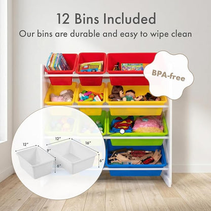Humble Crew Toy Storage Organizer with 12 Removable Storage Bins for Kids Playroom, 4-Tier Toddler Toy Organization, White/Primary
