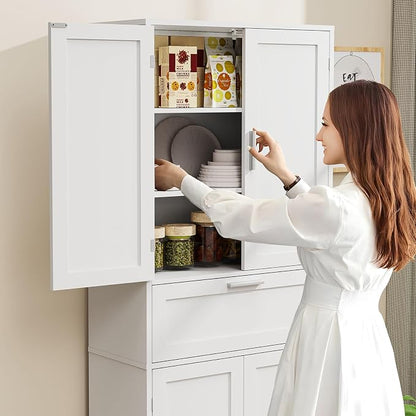 Iwell 67" Tall Storage Cabinet, Rattan Cabinet with 2 Adjustable Shelves & Large Drawer, Pantry Cabinets for Kitchen, Living Room, Home Office, Natural | Adjustable Shelf