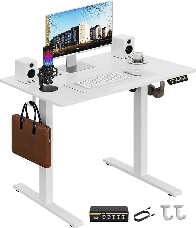 Electric Standing Desk,35x24 Inches Adjustable Height Stand up Desk, Sit Stand Home Office Desk with Splice Board, 3 Preset Heights,Equipped with Hooks,Ergonomic Computer Desk Workstation，White