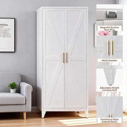 75.3 in Metal Kitchen Pantry Cabinet, White, 5 Adjustable Shelves | Tall storage cabinet with doors and shelves for kitchen pantry, laundry, utility room, office, garage, and food storage