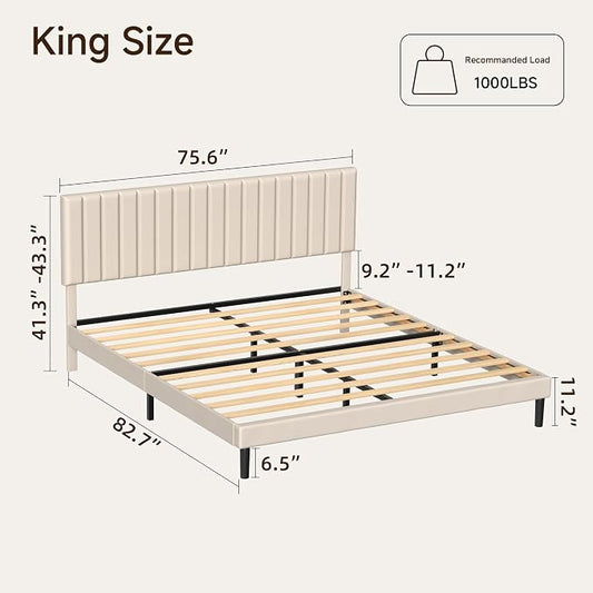 King Size Platform Bed Frame with Vertical Channel Tufted Headboard, No Box Spring Needed, Noise-Free, Easy Assembly, Beige Velvet