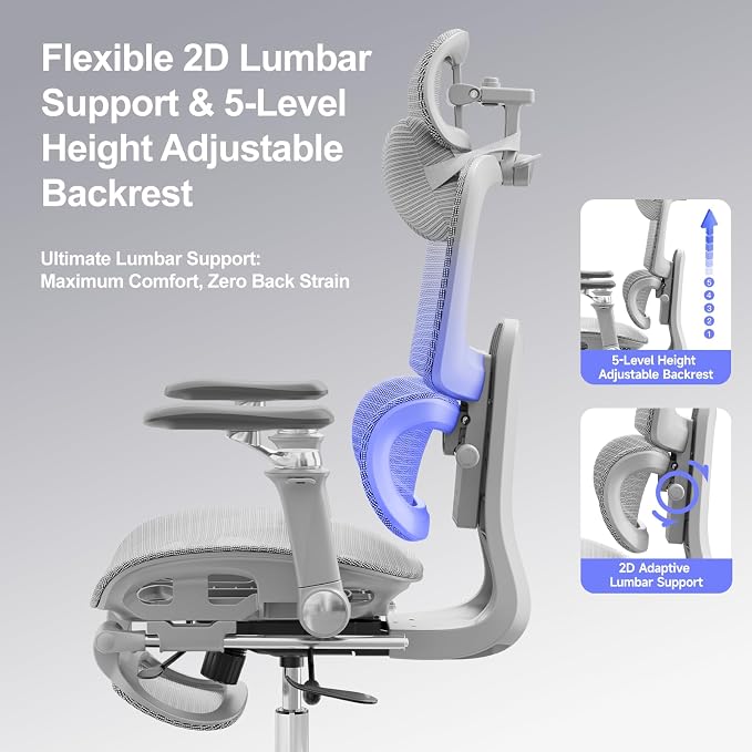 Office Chair with Footrest, Ergonomic Chair with 3D Headrest, Computer Chair with Adjustable Backrest & 6D Armrest, Gaming Chair with Adaptive Lumbar Support, Adjustable Seat Depth, Grey