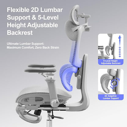 Office Chair with Footrest, Ergonomic Chair with 3D Headrest, Computer Chair with Adjustable Backrest & 6D Armrest, Gaming Chair with Adaptive Lumbar Support, Adjustable Seat Depth, Grey