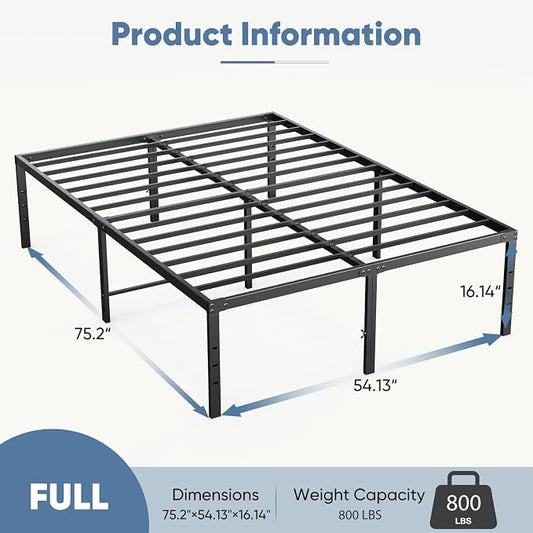 DUMOS Full Size 16 Inch Bed Frame - Metal Platform Bed Frame Mattress Foundation with Steel Slat Support, No Box Spring Needed, Storage Space Under Base, Easy Assembly, Black