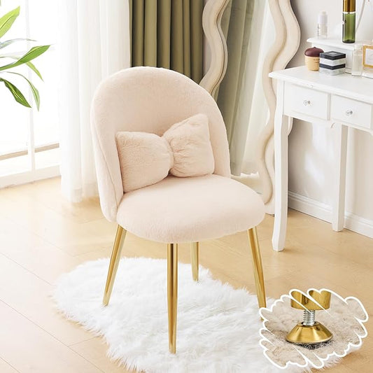 VINGLI Boucle Girls Vanity Chair with Back & Pillow,Cute Small Cozy Desk Chair No Wheels,Comfy Makeup Ch with Ajustable Gold Legs,for Bedroom,Living Room,Small Space,Khaki