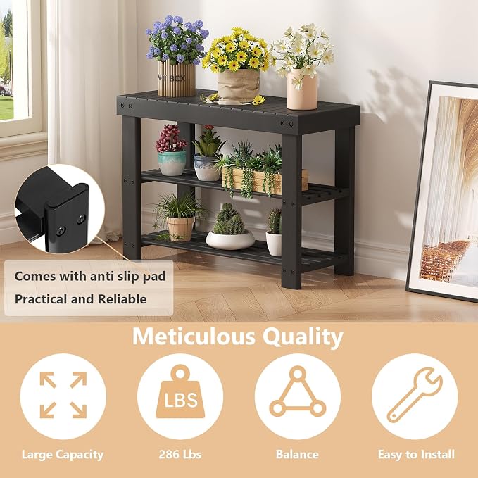 Sweetcrispy 3-Tier Shoe Rack Bench for Entryway, 27 Inches, Black | Bamboo Shoe Storage Bench, Shoes Rack for Entrance, Bedroom, Living Room, Balcony, 6 Pairs, 286lb Capacity