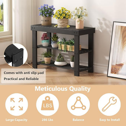 Sweetcrispy 3-Tier Shoe Rack Bench for Entryway, 27 Inches, Black | Bamboo Shoe Storage Bench, Shoes Rack for Entrance, Bedroom, Living Room, Balcony, 6 Pairs, 286lb Capacity